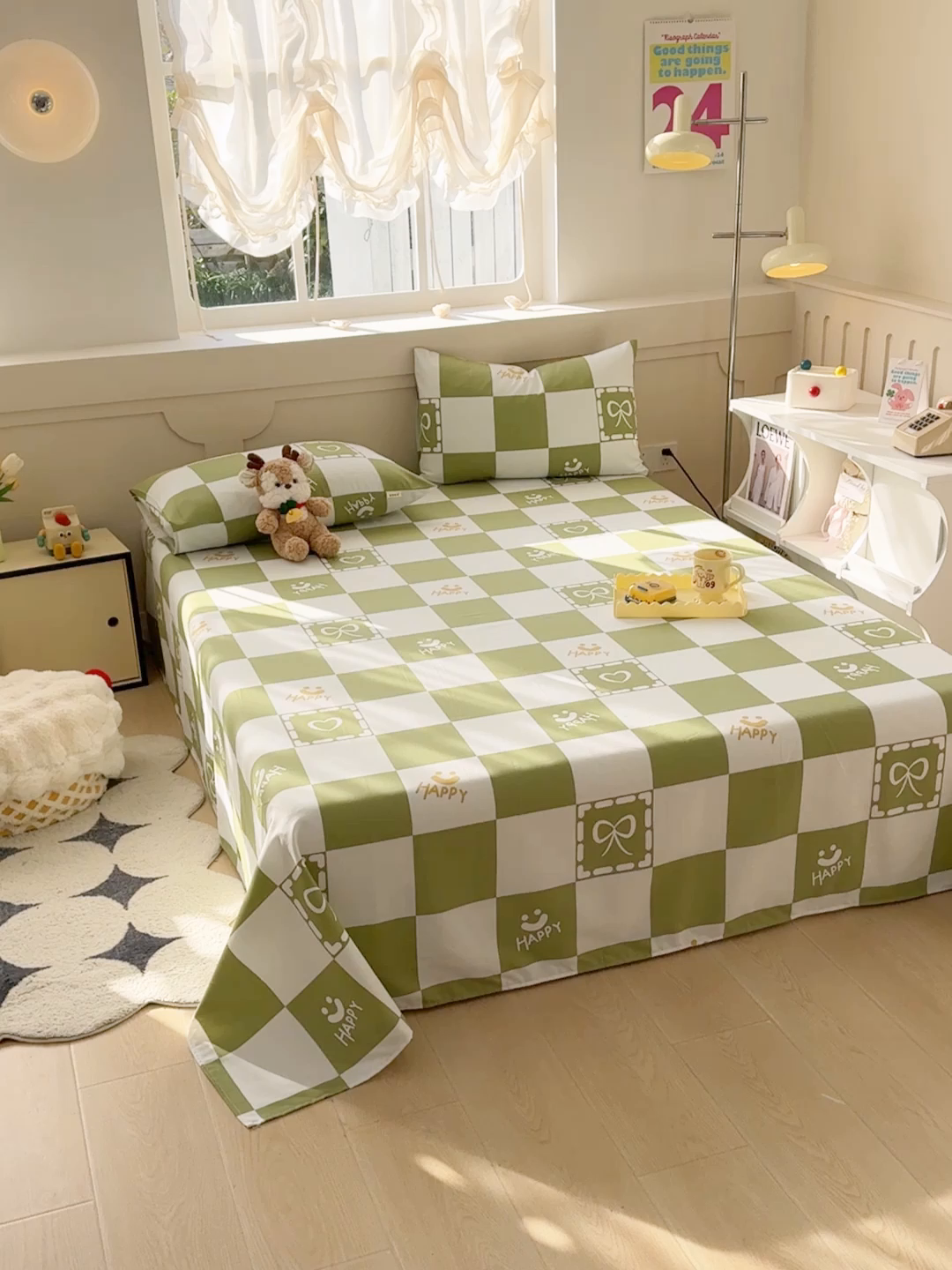 91家纺网 家纺一手货源 找家纺 爱彼家纺 2025新款原棉老粗布床单床单单件凉席席子 格子简爱-绿