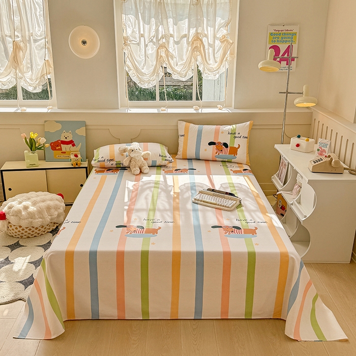 91家纺网 家纺一手货源 找家纺 爱彼家纺 2025新款原棉老粗布床单床单单件凉席席子 彩虹小狗