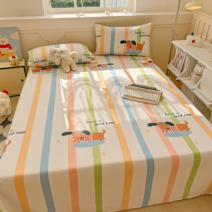 91家纺网 家纺一手货源 找家纺 爱彼家纺 2025新款原棉老粗布床单床单单件凉席席子 彩虹小狗