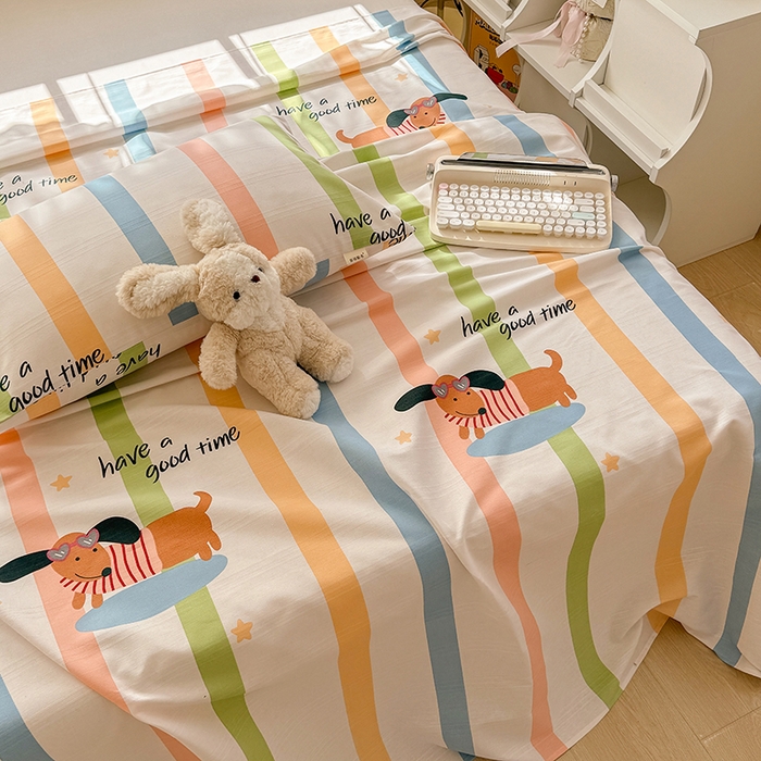 91家纺网 家纺一手货源 找家纺 爱彼家纺 2025新款原棉老粗布床单床单单件凉席席子 彩虹小狗