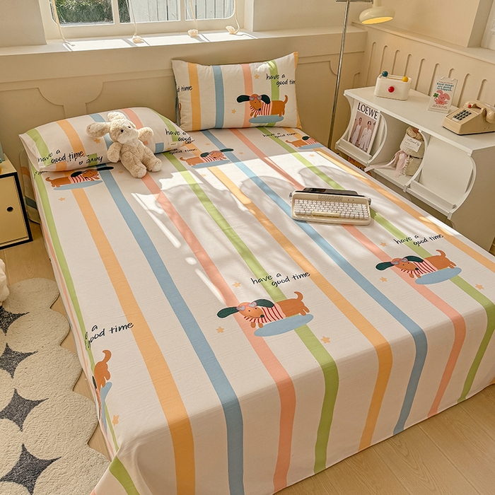 91家纺网 家纺一手货源 找家纺 爱彼家纺 2025新款原棉老粗布床单床单单件凉席席子 彩虹小狗