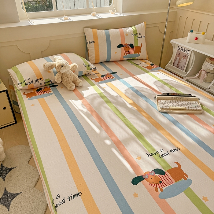 91家纺网 家纺一手货源 找家纺 爱彼家纺 2025新款原棉老粗布床单床单单件凉席席子 彩虹小狗