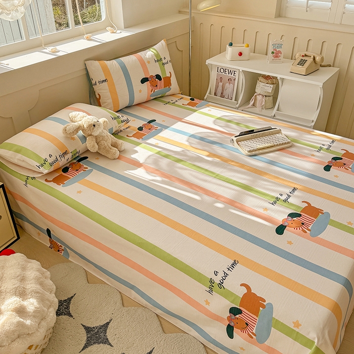 91家纺网 家纺一手货源 找家纺 爱彼家纺 2025新款原棉老粗布床单床单单件凉席席子 彩虹小狗