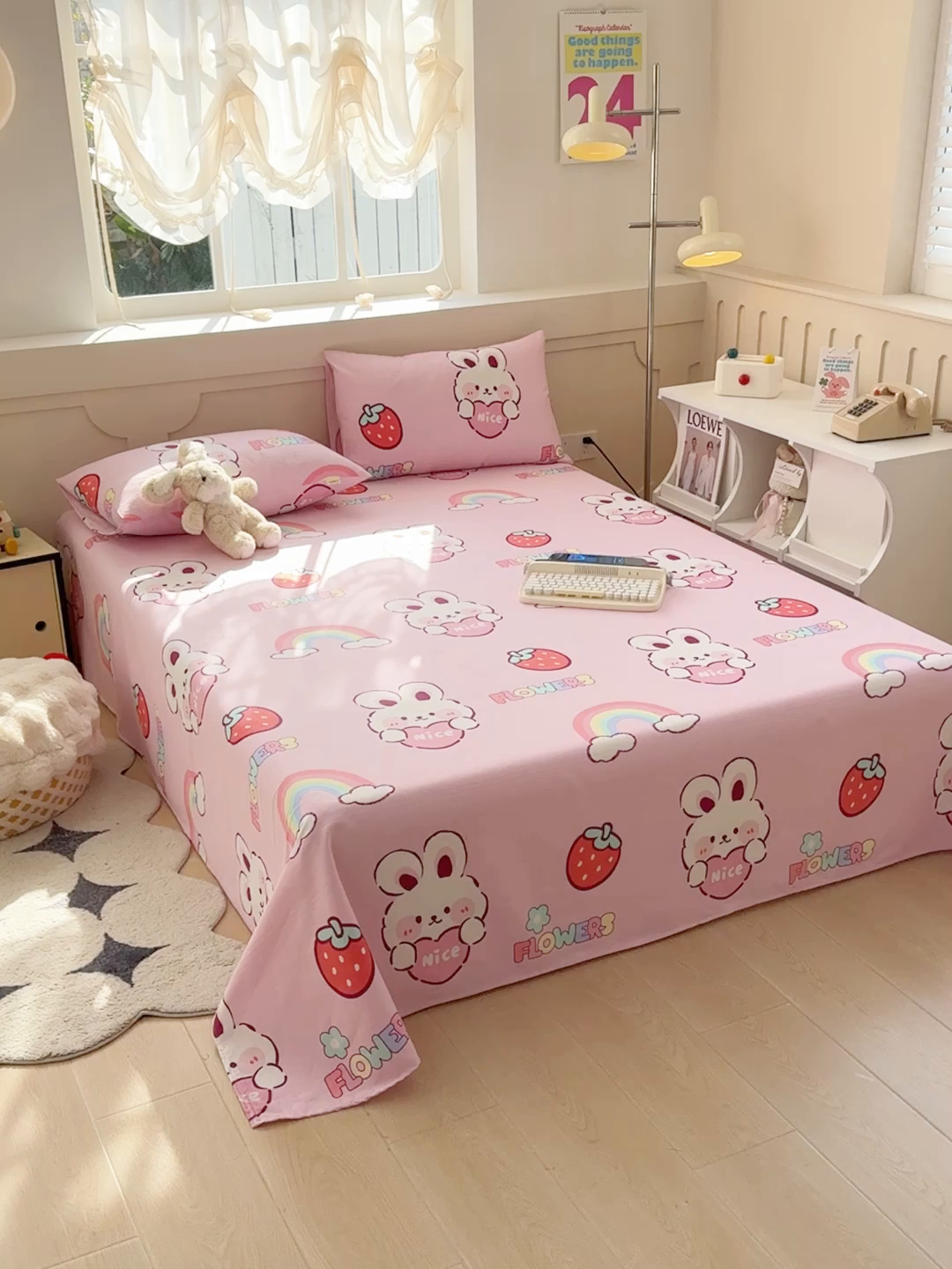 91家纺网 家纺一手货源 找家纺 爱彼家纺 2025新款原棉老粗布床单床单单件凉席席子 彩虹云兔