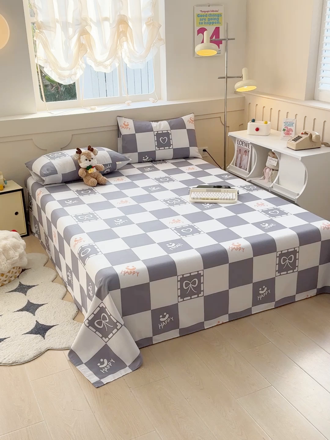 91家纺网 家纺一手货源 找家纺 爱彼家纺 2025新款原棉老粗布床单床单单件凉席席子 格子笑脸