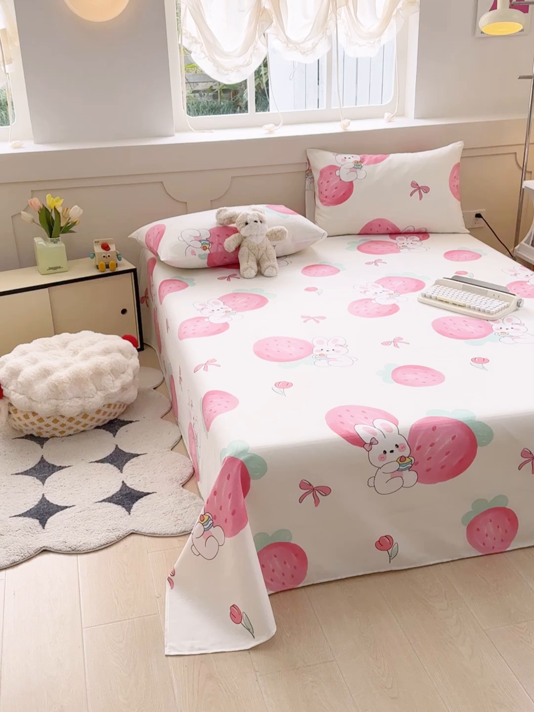 91家纺网 家纺一手货源 找家纺 爱彼家纺 2025新款原棉老粗布床单床单单件凉席席子 草莓免