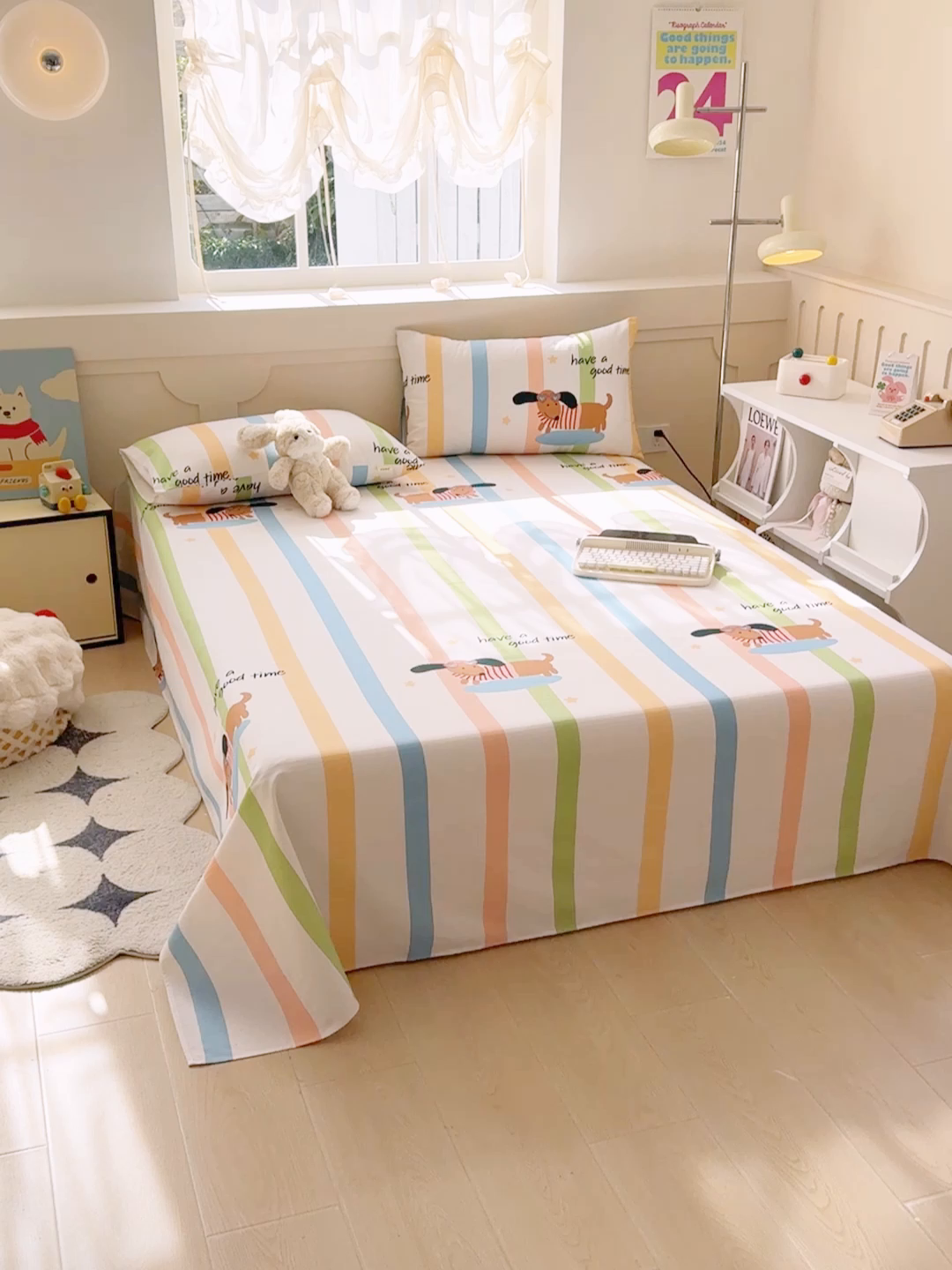 91家纺网 家纺一手货源 找家纺 爱彼家纺 2025新款原棉老粗布床单床单单件凉席席子 彩虹小狗