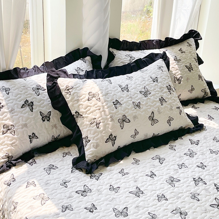 雨彤家纺2025新款赫本风水洗棉夹棉花边枕套 蝴蝶