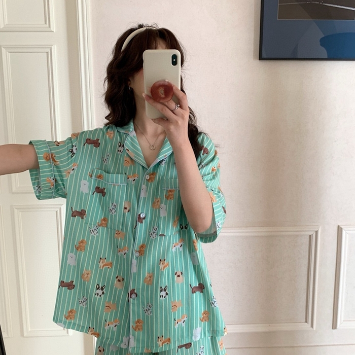 91家纺网 家纺一手货源 找家纺 妍景2025新款25671-泰系卡通小狗套装 绿色