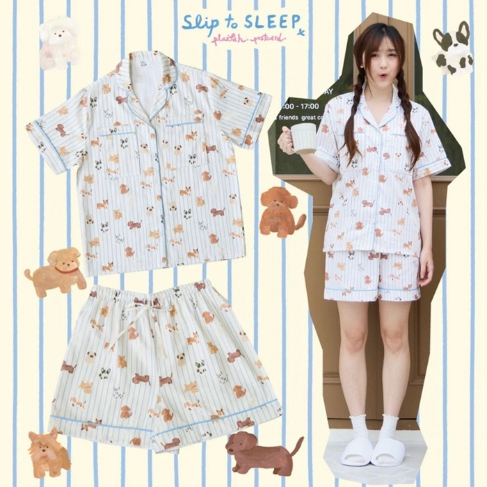 妍景2025新款25671-泰系卡通小狗套装 米白色