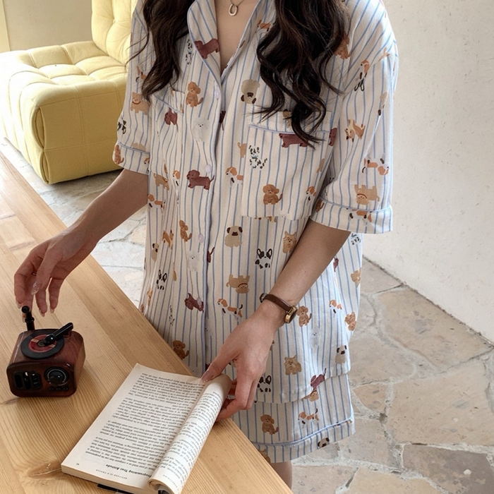 91家纺网 家纺一手货源 找家纺 妍景2025新款25671-泰系卡通小狗套装 米白色