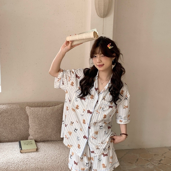 91家纺网 家纺一手货源 找家纺 妍景2025新款25671-泰系卡通小狗套装 米白色