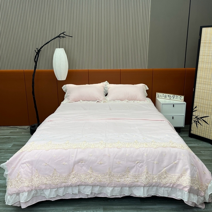 仲旺居家紡2025年新款云柔天絲棉法式手工蕾絲刺繡雪紡花邊夏被四件套夏被床單四件套清新夏被 夢幻-粉