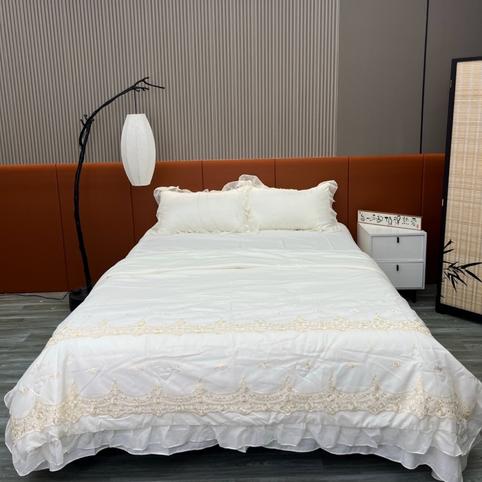 仲旺居家紡2025年新款云柔天絲棉法式手工蕾絲刺繡雪紡花邊夏被四件套夏被床單四件套清新夏被 夢幻-米