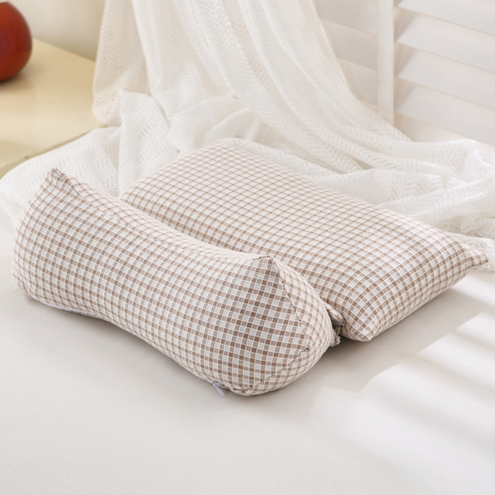 91家纺网 家纺一手货源 找家纺 大熊2025新款全棉格子水洗棉荞麦枕全荞麦壳填充 格子组合款荞麦枕-咖一对