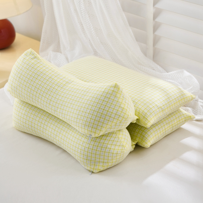 大熊2025新款全棉格子水洗棉荞麦枕全荞麦壳填充 格子组合款荞麦枕-浅黄一对