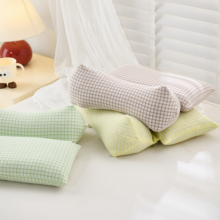 91家纺网 家纺一手货源 找家纺 大熊2025新款全棉格子水洗棉荞麦枕全荞麦壳填充 格子组合款荞麦枕-浅黄一对