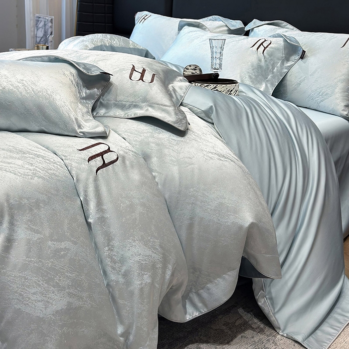 91家纺网 家纺一手货源 找家纺 2025春夏新款A类天丝棉提花四件套-丝蕴 丝蕴-柔雾蓝