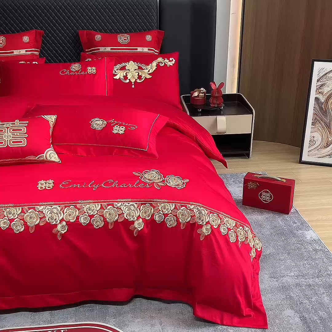 91家纺网 家纺一手货源 找家纺 2024新款双面磨毛绣花婚庆四件套-汇总花嫁喜事