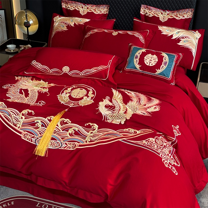 91家纺网 家纺一手货源 找家纺 2024新款双面磨毛绣花婚庆四件套-汇总龙凤祥和