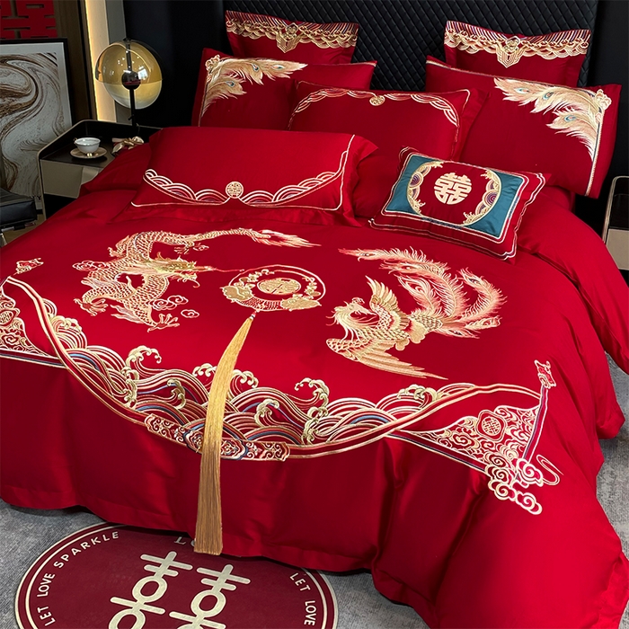 91家纺网 家纺一手货源 找家纺 2024新款双面磨毛绣花婚庆四件套-汇总龙凤祥和