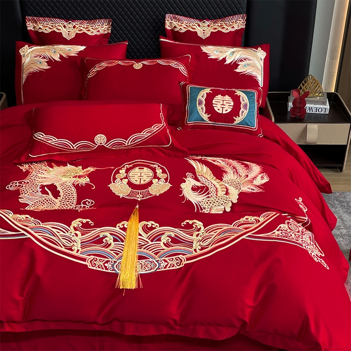 91家纺网 家纺一手货源 找家纺 2024新款双面磨毛绣花婚庆四件套-汇总龙凤祥和