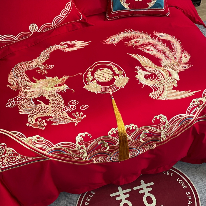 91家纺网 家纺一手货源 找家纺 2024新款双面磨毛绣花婚庆四件套-汇总龙凤祥和