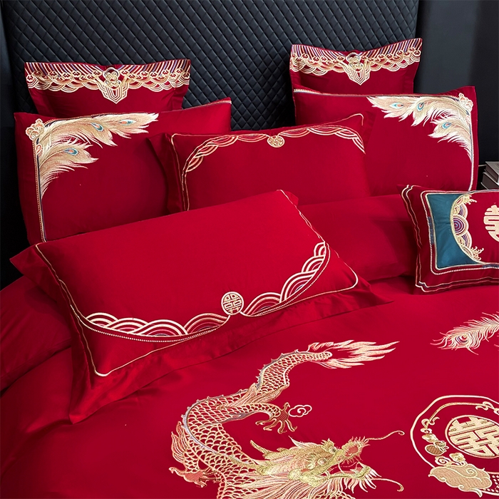 91家纺网 家纺一手货源 找家纺 2024新款双面磨毛绣花婚庆四件套-汇总龙凤祥和