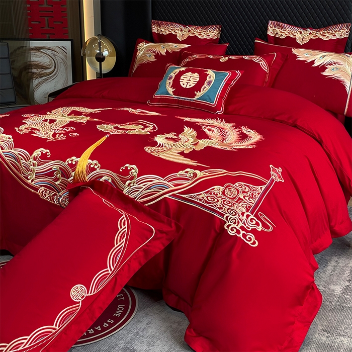 91家纺网 家纺一手货源 找家纺 2024新款双面磨毛绣花婚庆四件套-汇总龙凤祥和