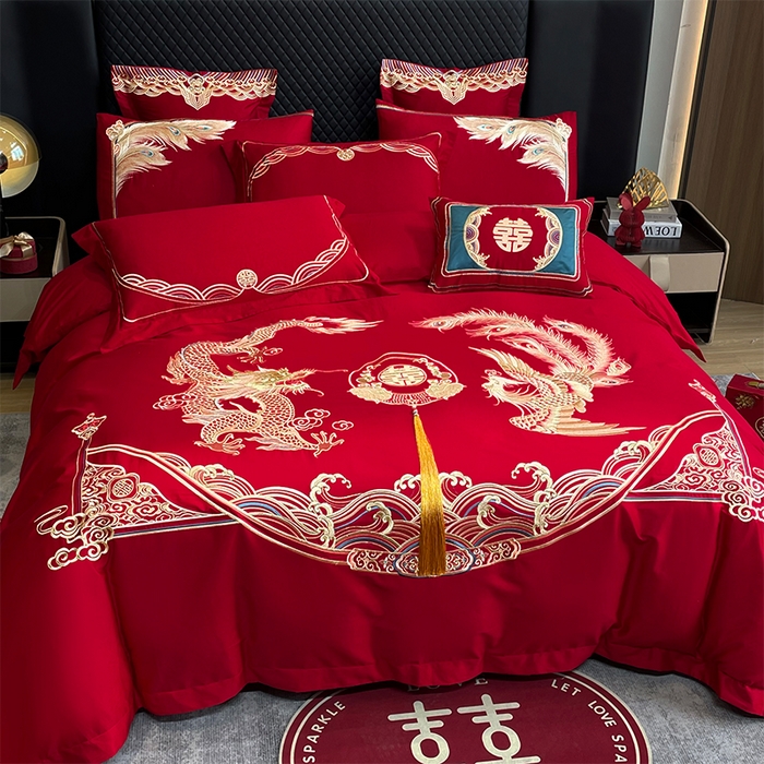 91家纺网 家纺一手货源 找家纺 2024新款双面磨毛绣花婚庆四件套-汇总龙凤祥和