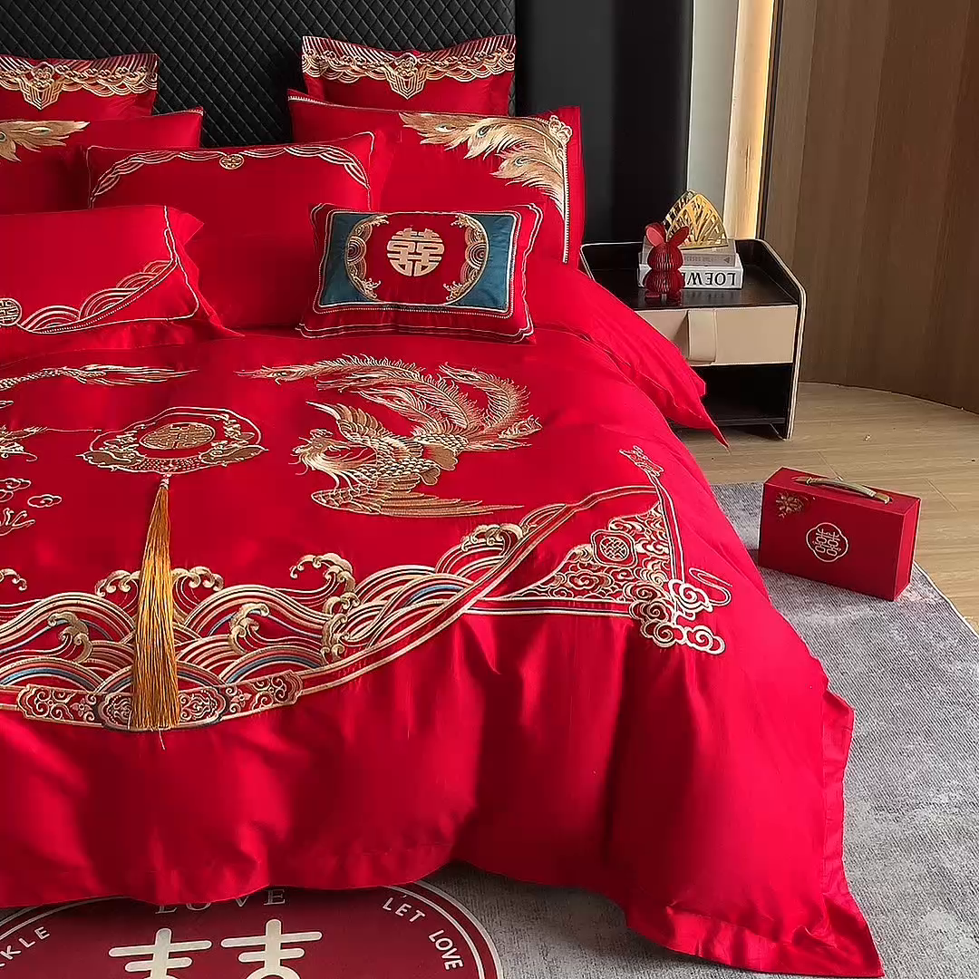 91家纺网 家纺一手货源 找家纺 2024新款双面磨毛绣花婚庆四件套-汇总龙凤祥和