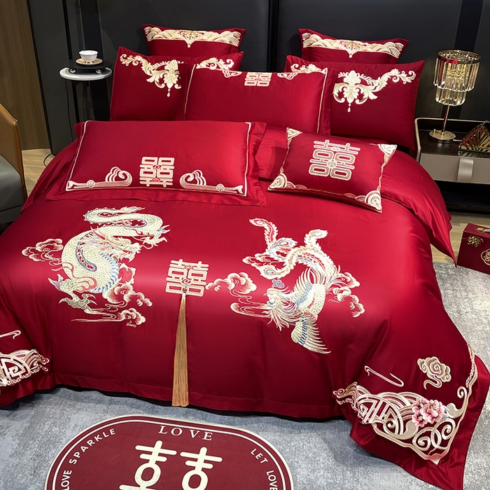 91家纺网 家纺一手货源 找家纺 2024新款双面磨毛绣花婚庆四件套-汇总鸾凤和鸣