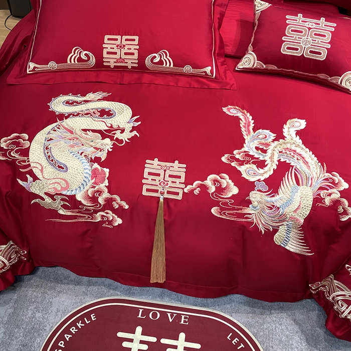 91家纺网 家纺一手货源 找家纺 2024新款双面磨毛绣花婚庆四件套-汇总鸾凤和鸣