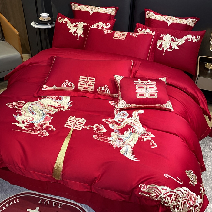 91家纺网 家纺一手货源 找家纺 2024新款双面磨毛绣花婚庆四件套-汇总鸾凤和鸣