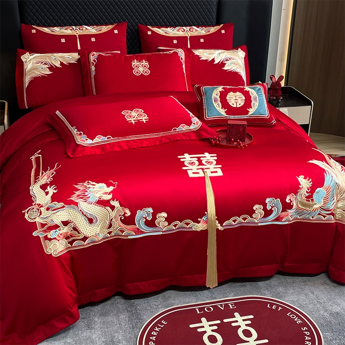 91家纺网 家纺一手货源 找家纺 2024新款双面磨毛绣花婚庆四件套-汇总如意龙凤