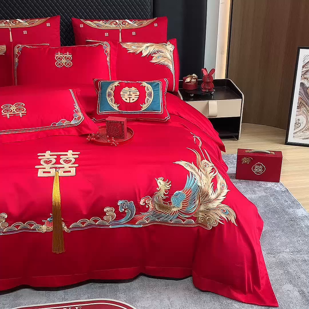 91家纺网 家纺一手货源 找家纺 2024新款双面磨毛绣花婚庆四件套-汇总如意龙凤