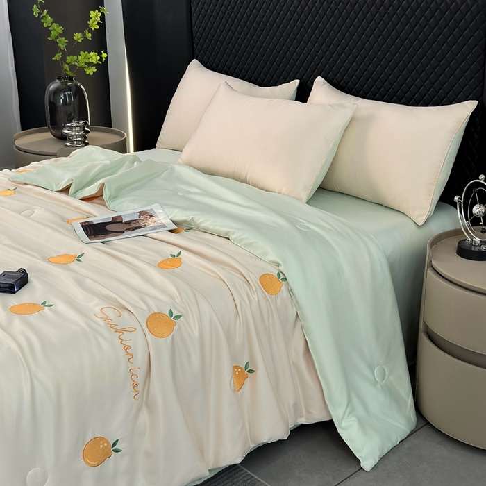91家纺网 家纺一手货源 找家纺 益多眠 2025新款水洗真丝刺绣夏被夏凉被空调被四件套 橘子-奶白绿