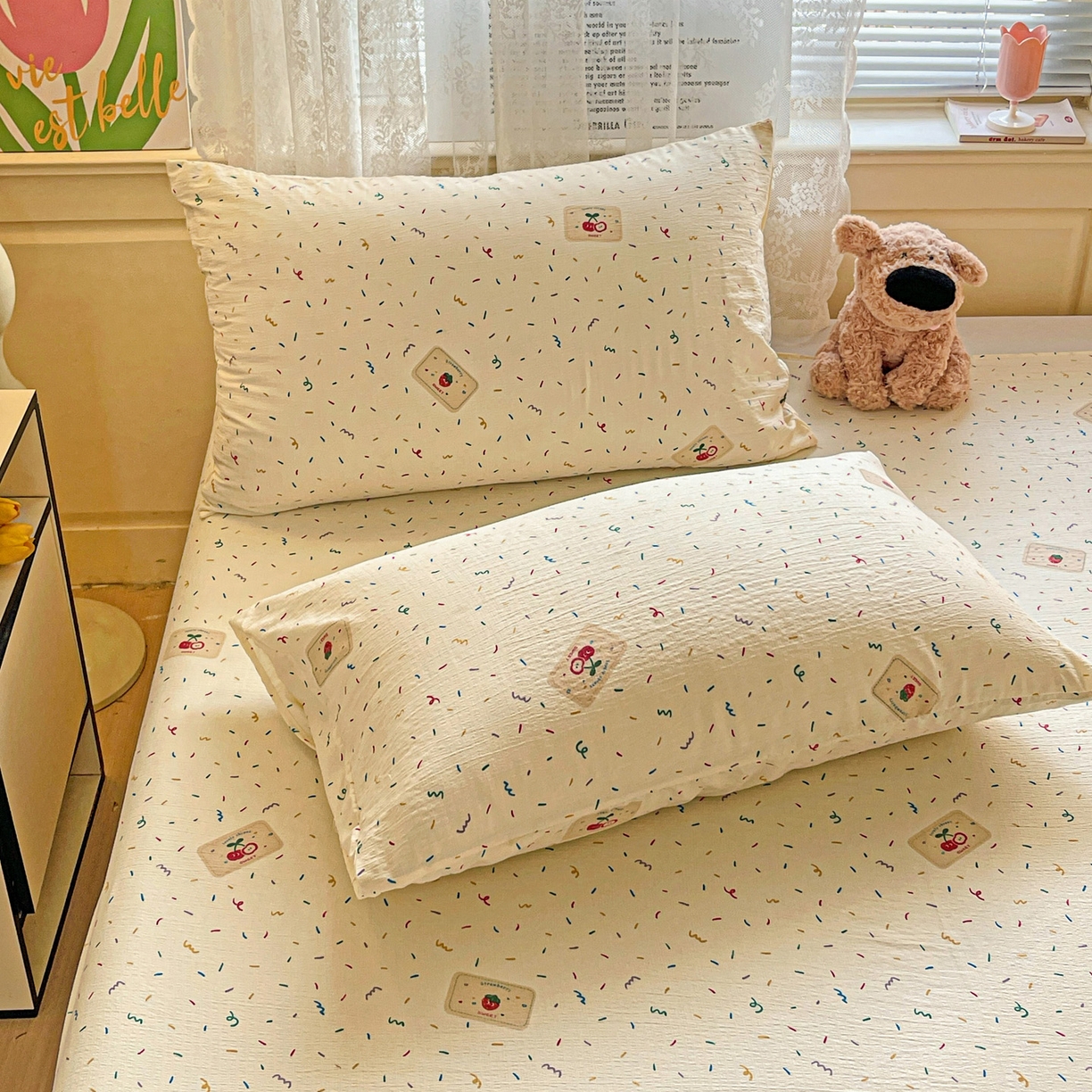 91家纺网 家纺一手货源 找家纺 初念 2025春夏新款云感纱印花单床单 草莓糖霜