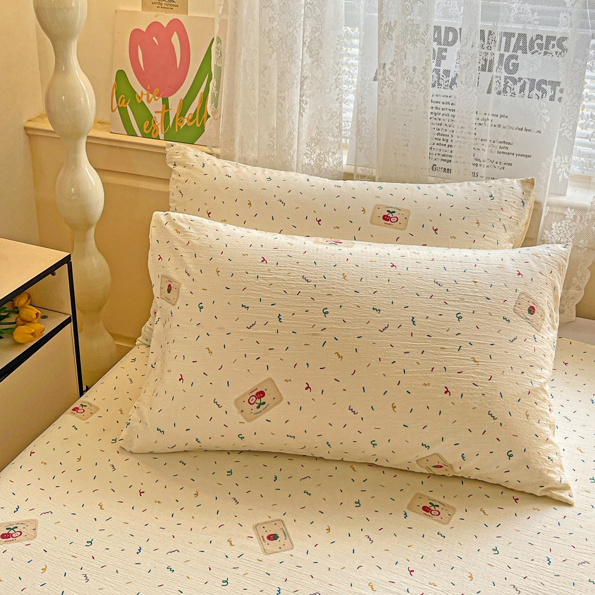 91家纺网 家纺一手货源 找家纺 初念 2025春夏新款云感纱印花单床单 草莓糖霜