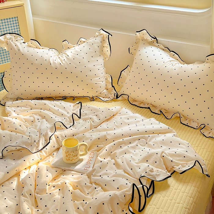 91家纺网 家纺一手货源 找家纺 美梦家纺 2025新款皱皱纱花边夏被床盖四件套 米波点