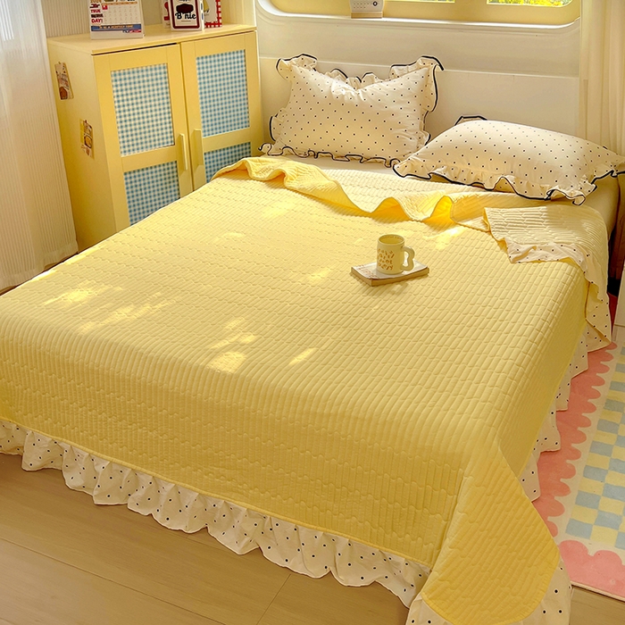 91家纺网 家纺一手货源 找家纺 美梦家纺 2025新款皱皱纱花边夏被床盖四件套 米波点