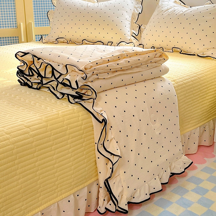 美梦家纺 2025新款皱皱纱花边夏被床盖四件套 米波点
