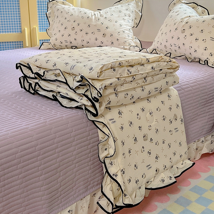 美梦家纺 2025新款皱皱纱花边夏被床盖四件套 木棉小熊