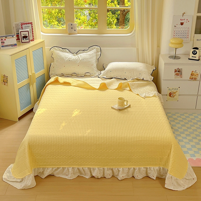 91家纺网 家纺一手货源 找家纺 美梦家纺 2025新款皱皱纱花边夏被床盖四件套 蜡笔画