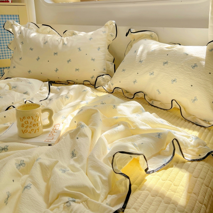 91家纺网 家纺一手货源 找家纺 美梦家纺 2025新款皱皱纱花边夏被床盖四件套 相思兰