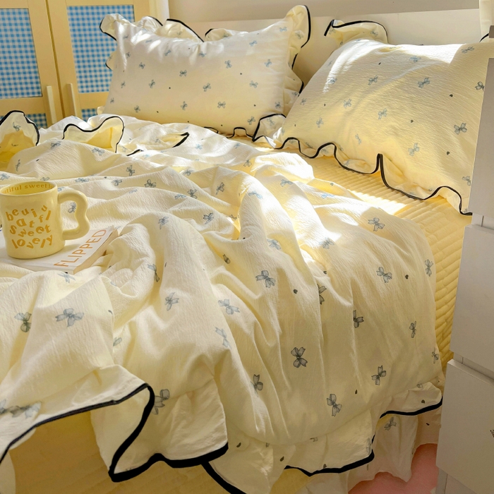 91家纺网 家纺一手货源 找家纺 美梦家纺 2025新款皱皱纱花边夏被床盖四件套 相思兰