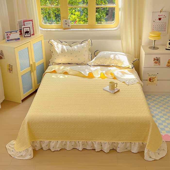 91家纺网 家纺一手货源 找家纺 美梦家纺 2025新款皱皱纱花边夏被床盖四件套 相思兰