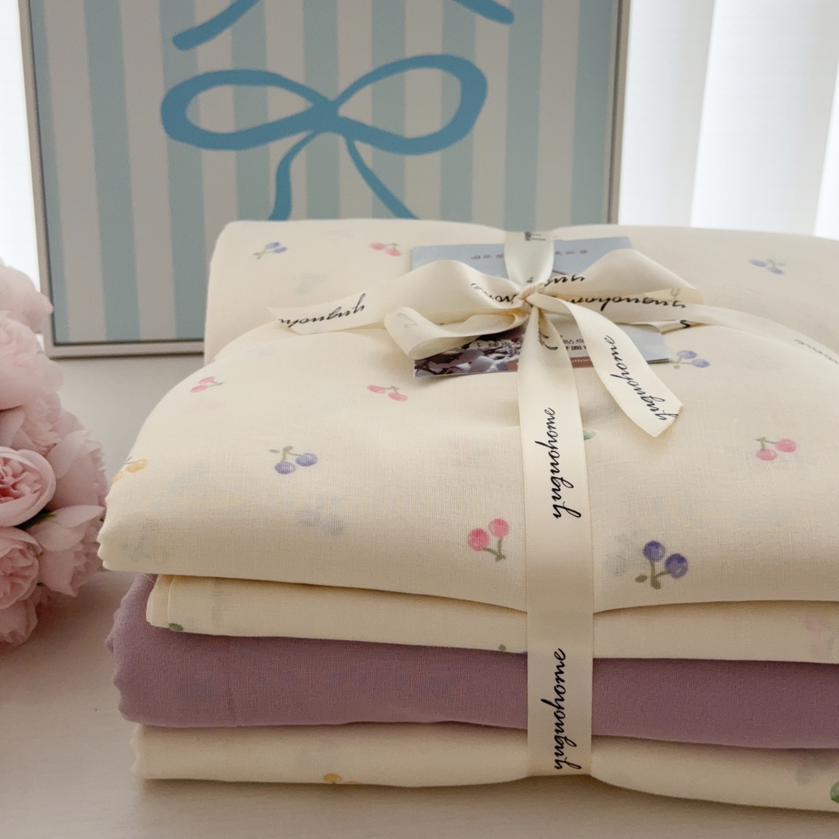 91家纺网 家纺一手货源 找家纺 于果 2025新款全棉双层纱四件套第五批 水果樱桃