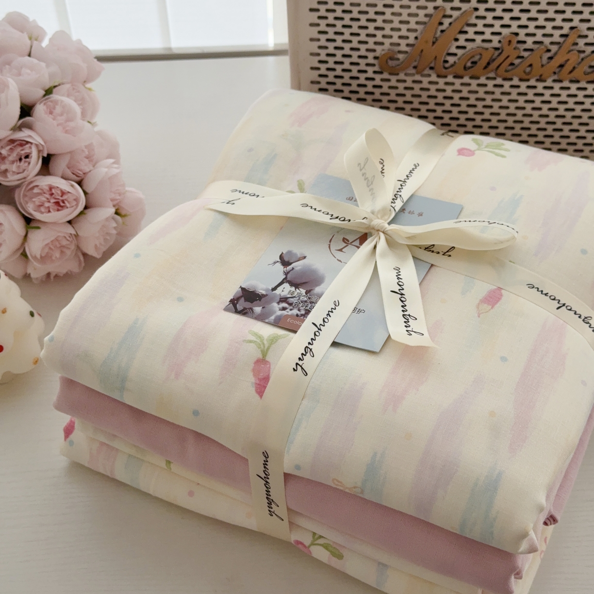 91家纺网 家纺一手货源 找家纺 于果 2025新款全棉双层纱四件套第五批 粉萝卜