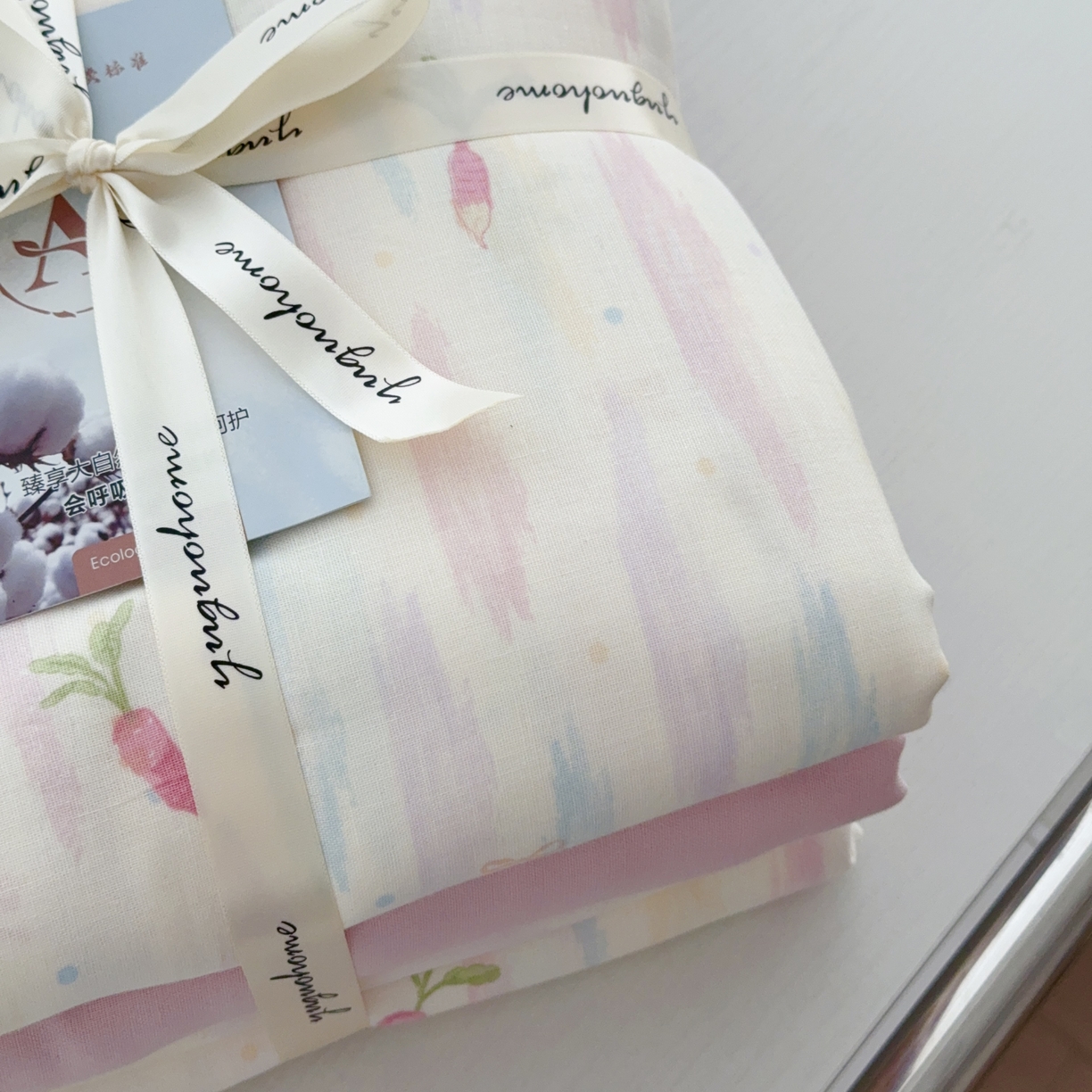 91家纺网 家纺一手货源 找家纺 于果 2025新款全棉双层纱四件套第五批 粉萝卜